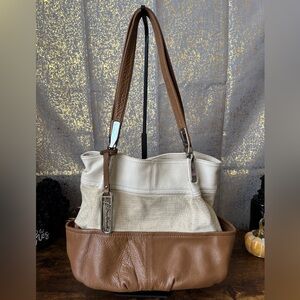 B. Makowsky Tri-Color Champagne Metallic & Brown Leather Satchel Shoulder Bag